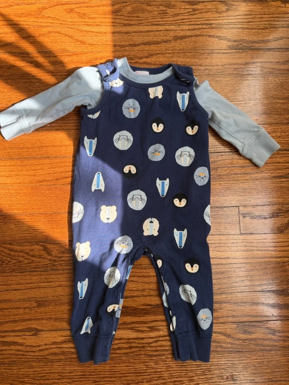 Hanna Andersson Baby Navy Animal Print One-Piece Romper with Light Blue Sleeves